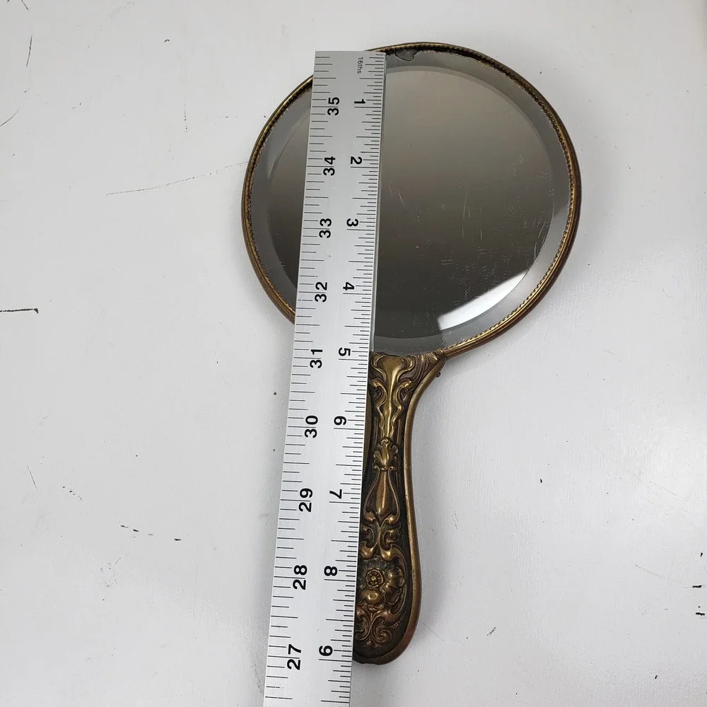Vintage Victorian Style Hand Mirror Ornate Brass Porcelain Lady Red Cape Beveled